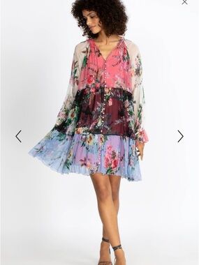 Johnny Was Multicolor Floral Tiered Mini Dress - Pink, Burgundy, Blue